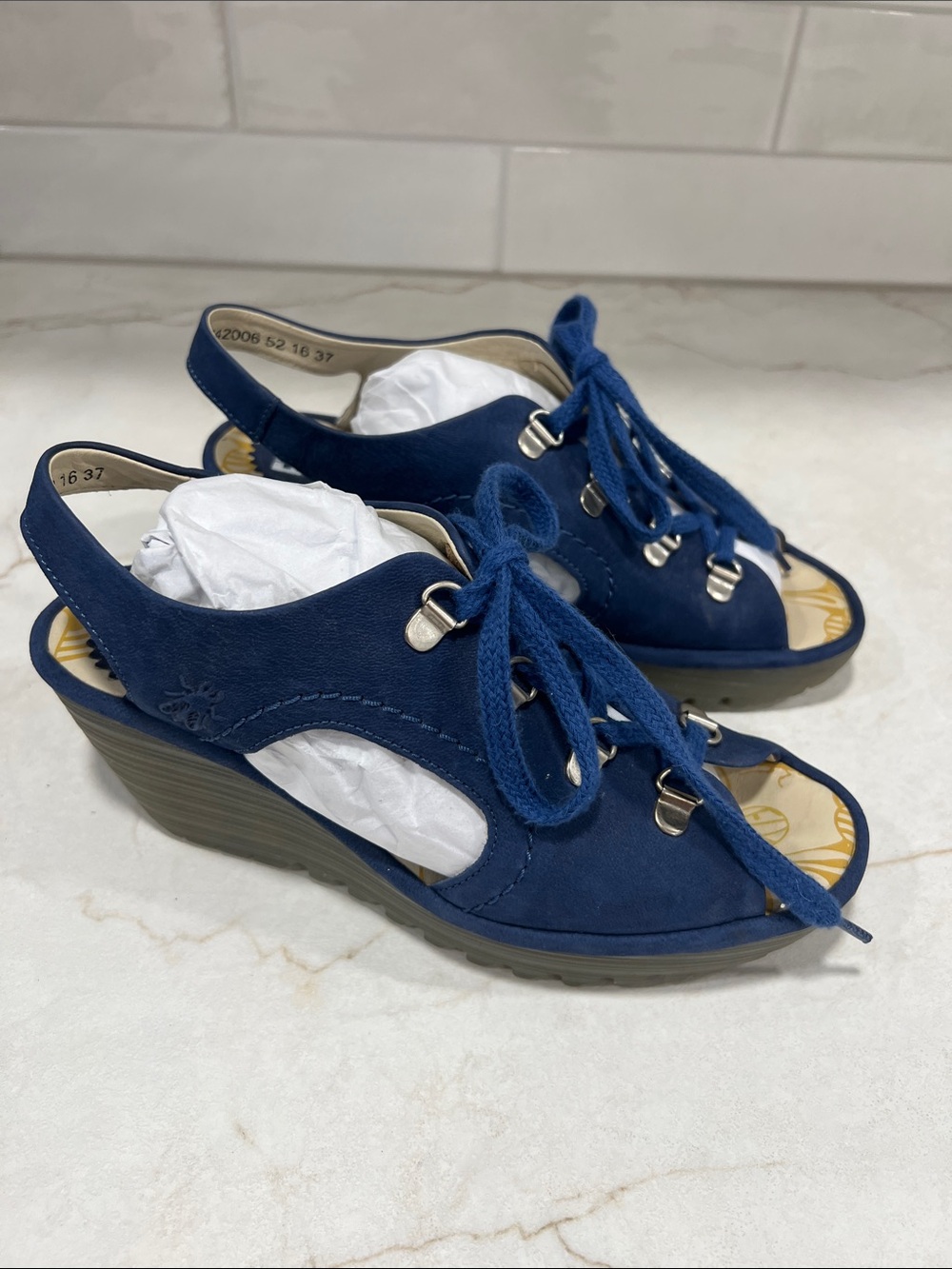 Fly London Navy Lace-Up Wedge Sandals